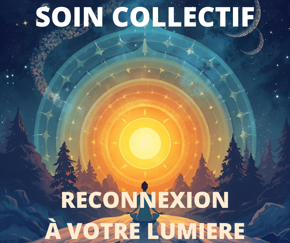 Personnes réunies en cercle lors d’un soin collectif énergétique pour libérer les mémoires karmiques et se reconnecter à leur lumière intérieure